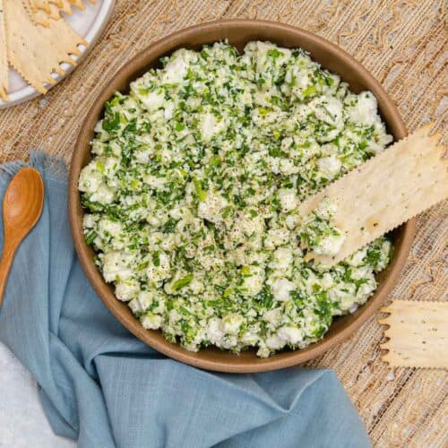 dipping a cracker into garlic herb feta spread.