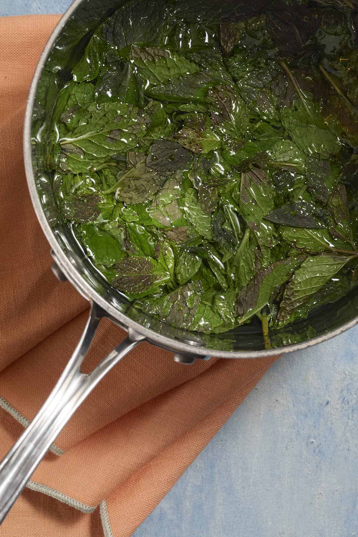 Overhead image of a saucepan with a water and mint leaves.